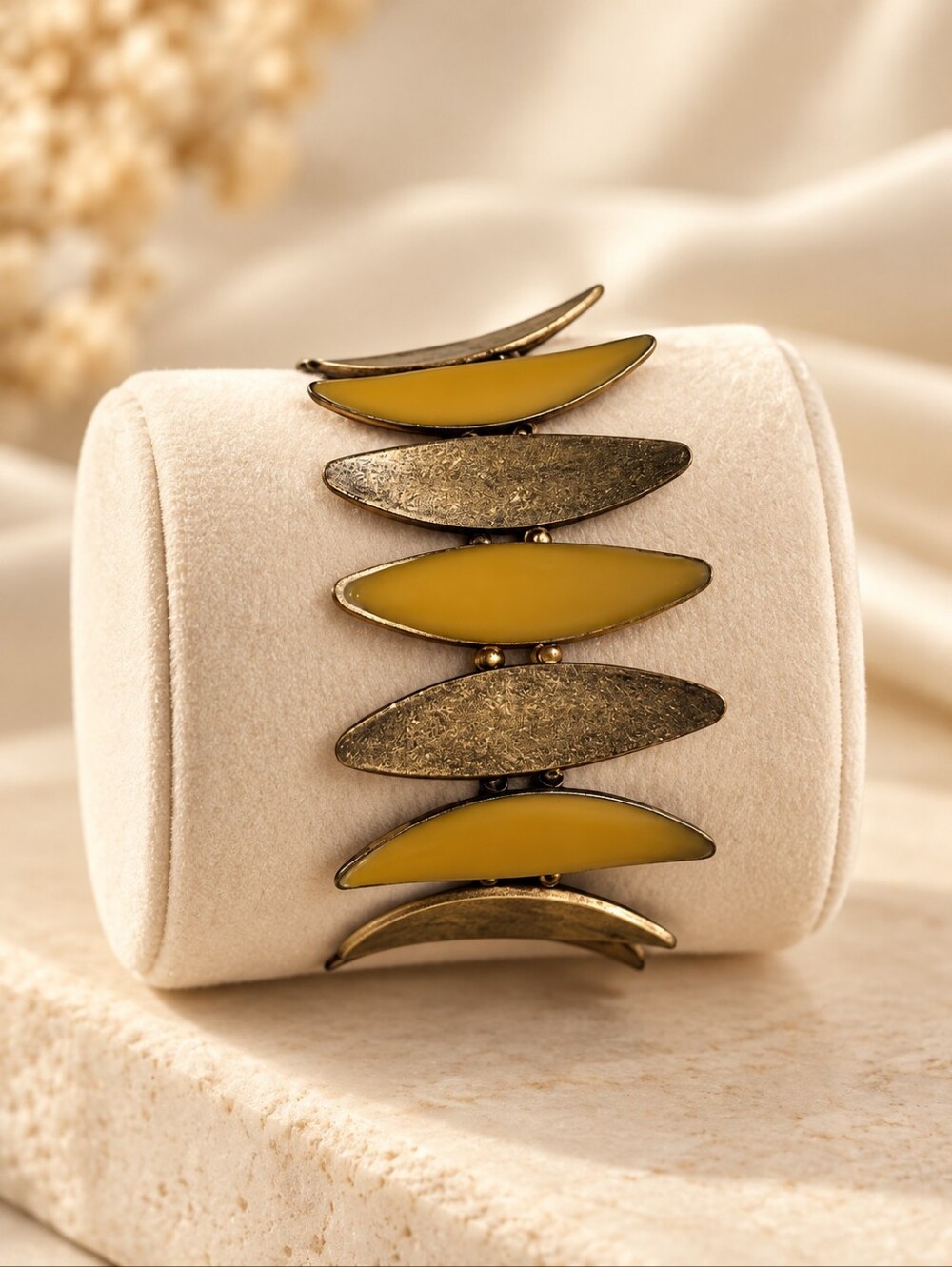 Yellow Enamel and Antiqued Gold Link Bracelet - Women Jewelry